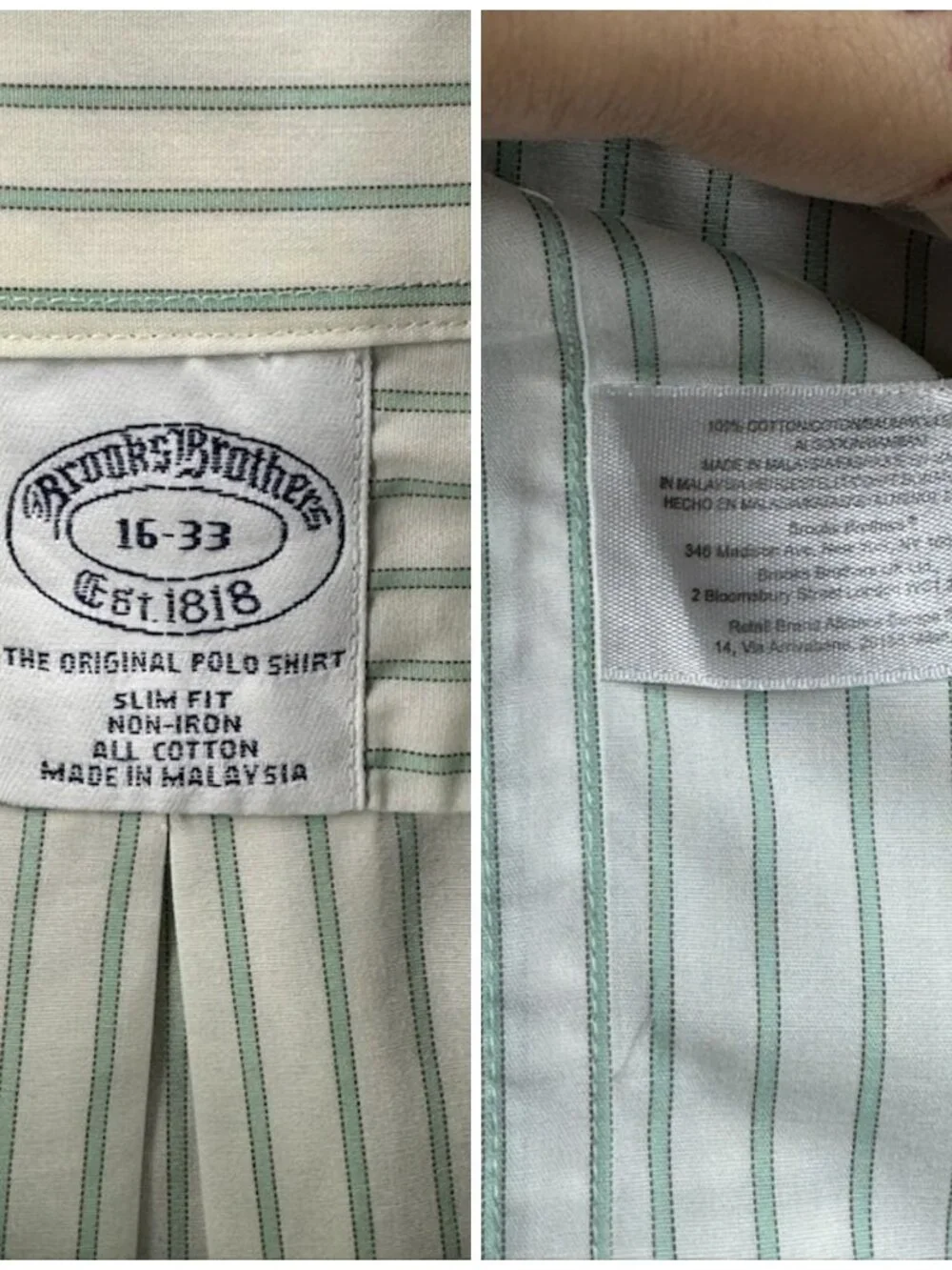 Brooks Brothers White Green 16 33 Slim Cotton Non-Iron Striped Button-Down Men